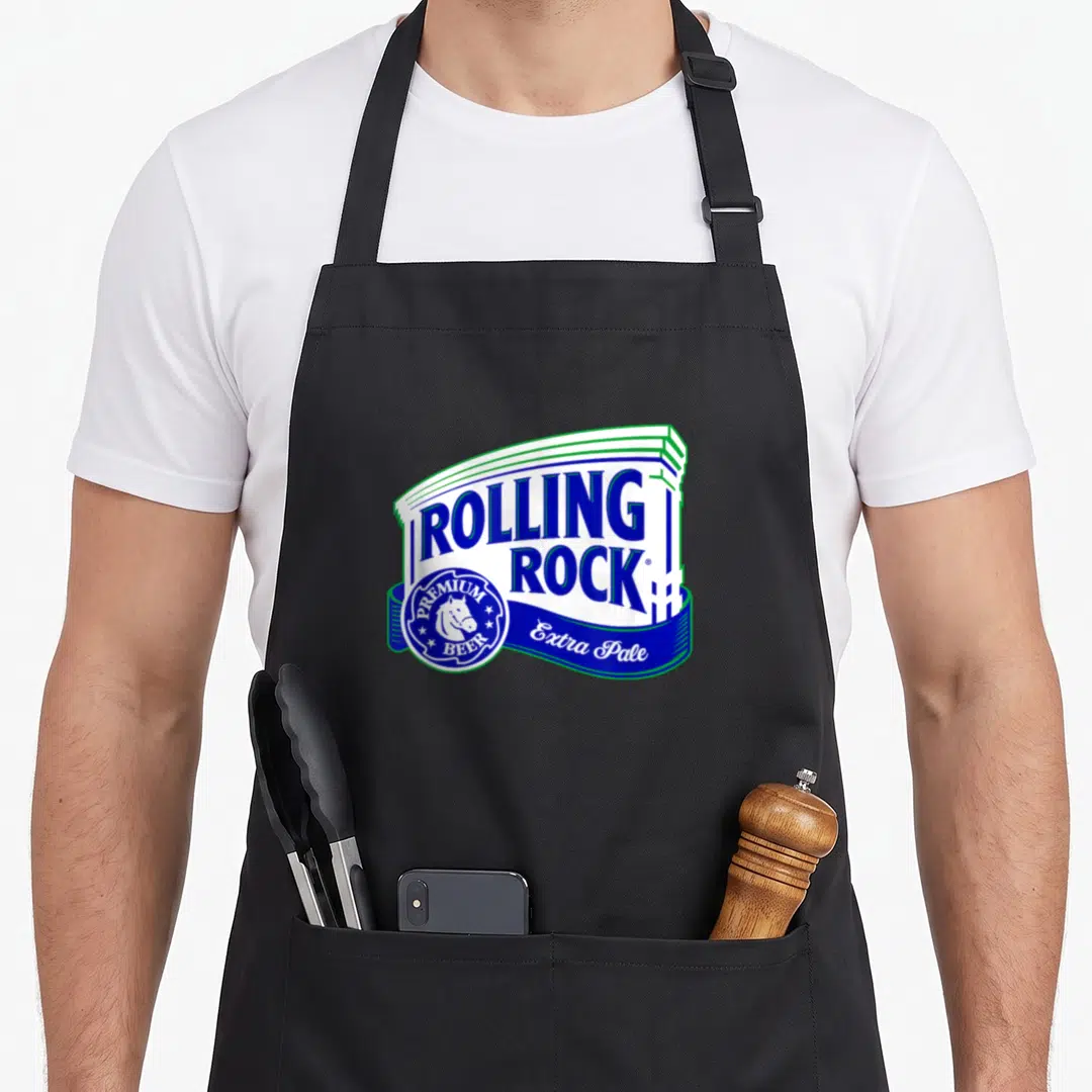 Rolling ready rock apron - Blue and white Rolling Rock logo with horse seal and Extra Pale ribbon — shown on a black cotton canvas apron against a white background