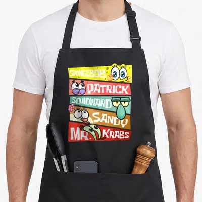 Patrick mr apron - Five colored banners with SpongeBob, Patrick, Squidward, Sandy, Mr. Krabs names and cartoon eyes — shown on a black cotton canvas apron against a white background