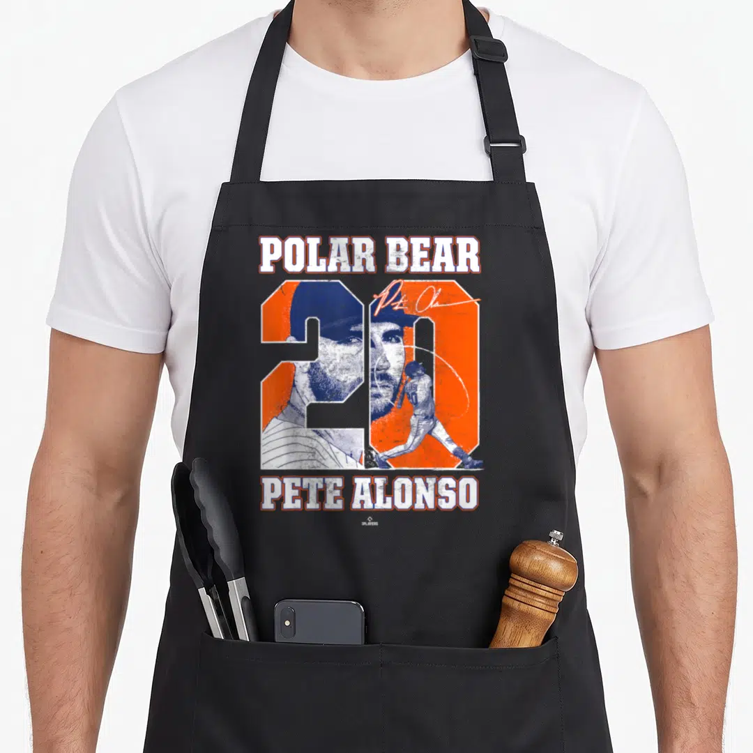 Polar new york apron - Pete Alonso number 20 graphic with Polar Bear text in orange and blue distressed print — shown on a black cotton canvas apron against a white background