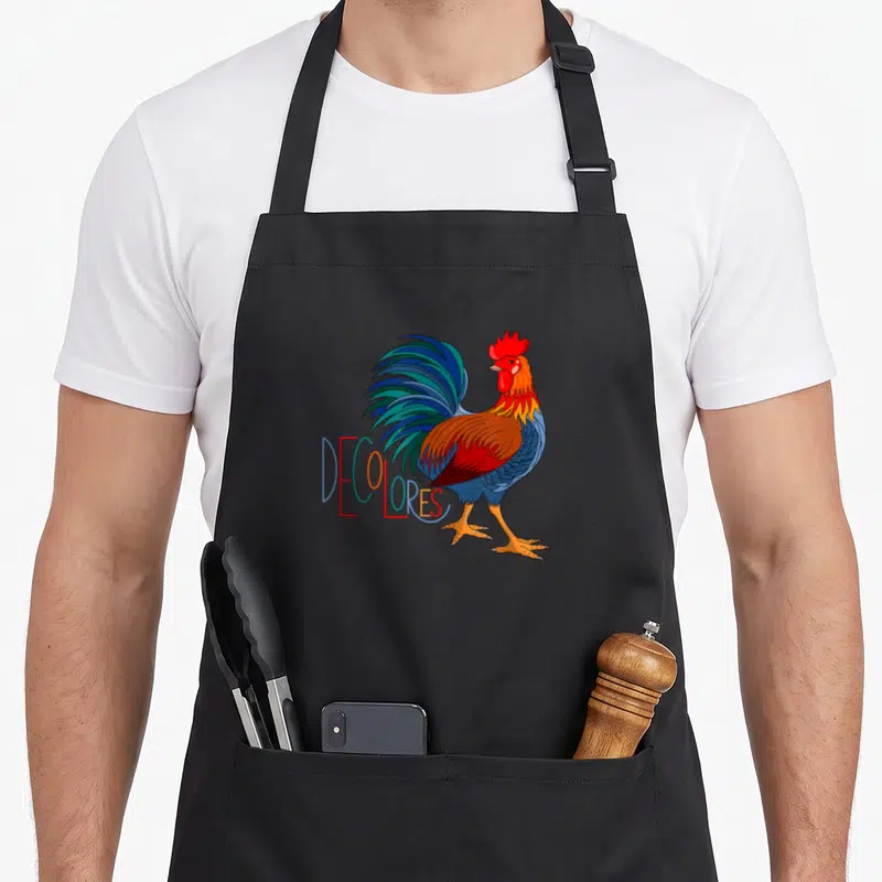 Gsallicat rooster apron - Colorful cartoon rooster with DECOLORES text in red blue green orange yellow — shown on a black cotton canvas apron against a white background