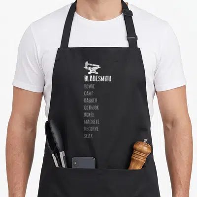 Bladesmith blacksmith apron - White anvil hammer and vertical list of knife names like Bowie and Kukri in distressed — shown on a black cotton canvas apron against a white background