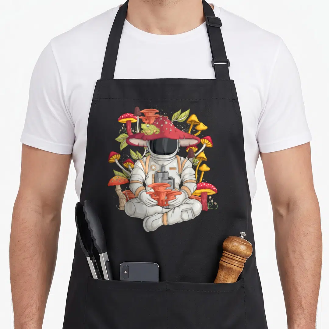 Astronaut cottagecore apron - Cartoon astronaut in white suit with red mushroom hat and green frog holding orange fungi — shown on a black cotton canvas apron against a white background