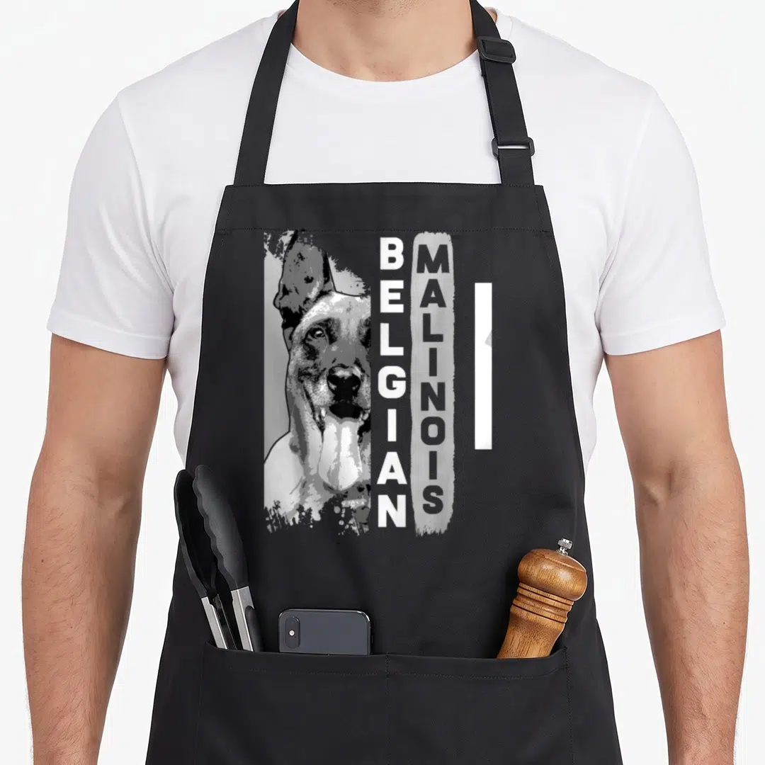 Cute belgian dog apron - Realistic black white grey Belgian Malinois dog portrait with vertical text — shown on a black cotton canvas apron against a white background