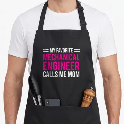 Call mechanical engineer apron - Pink and white stacked text reading my favorite mechanical engineer calls me mom — shown on a black cotton canvas apron against a white background