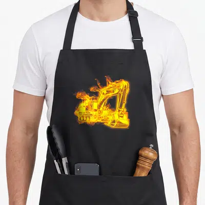 Fire construction worker apron - Cartoon excavator engulfed in yellow and orange flames, no text — shown on a black cotton canvas apron against a white background