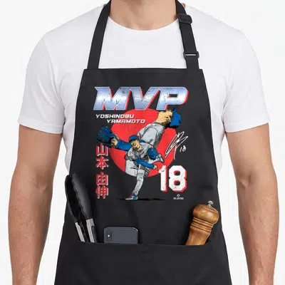 Yoshinobu mvp apron - Cartoon baseball player in red circle with MVP text and number 18 — shown on a black cotton canvas apron against a white background