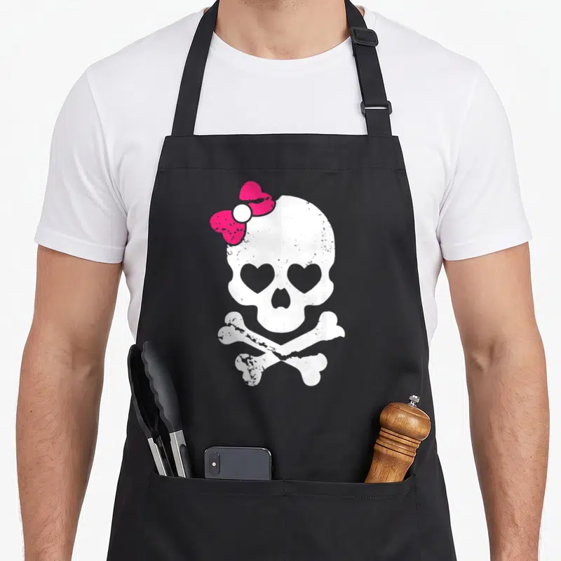 Skull cross apron - White skull with pink bow and heart eyes above two crossed bones — shown on a black cotton canvas apron against a white background