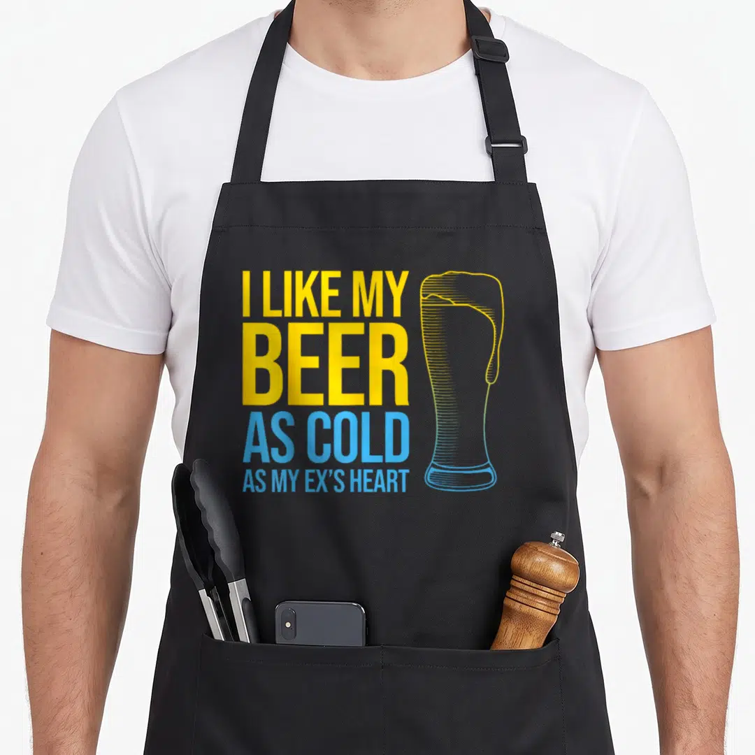 Divorcee divorce party apron - Stacked yellow and blue text next to a gradient line-art beer glass — shown on a black cotton canvas apron against a white background