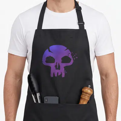 Symbol magic apron - Purple and blue gradient cartoon skull centered on black fabric — shown on a black cotton canvas apron against a white background