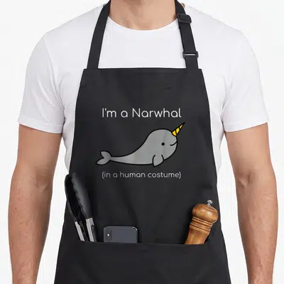 Human narwhal apron - Grey cartoon narwhal with yellow tusk and white text reading I'm a Narwhal in a human costume — shown on a black cotton canvas apron against a white background