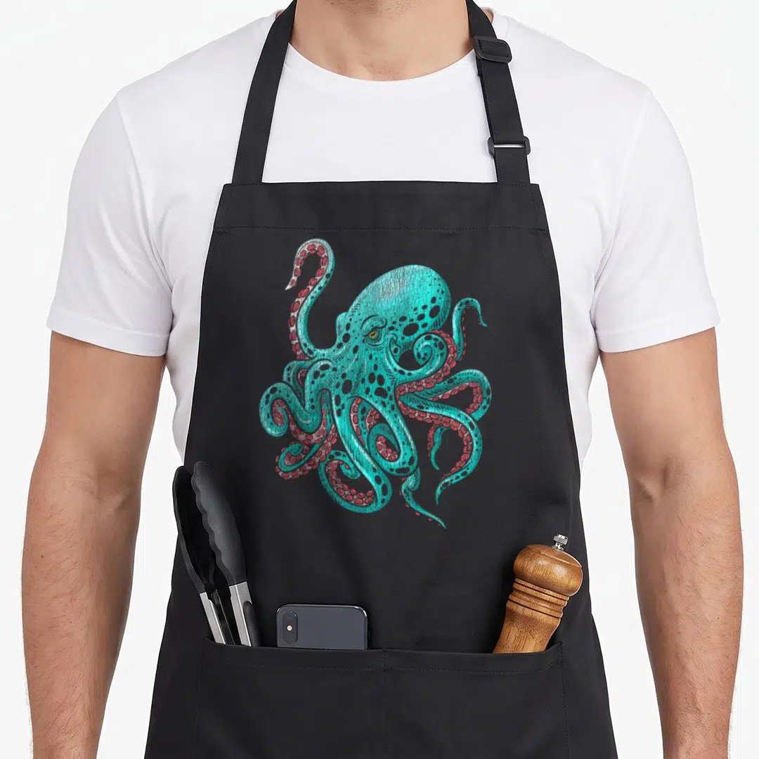 Kraken crazy squid lady apron - Realistic turquoise octopus with red tentacle suckers centered on black fabric — shown on a black cotton canvas apron against a white background