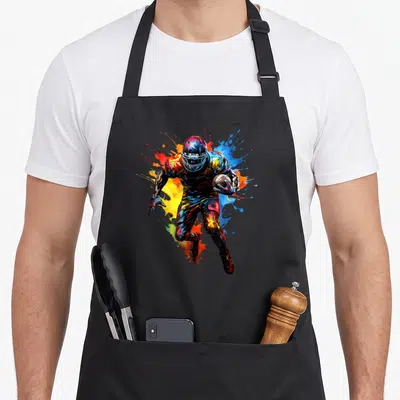 Football paint apron - Watercolor football player running with ball amidst blue red yellow and black splashes — shown on a black cotton canvas apron against a white background