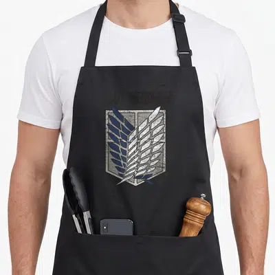 Ripple anime apron - Distressed shield with two overlapping wings in blue and white below Scout Regiment text — shown on a black cotton canvas apron against a white background