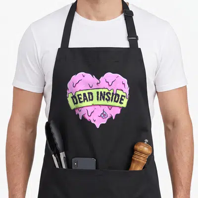 Melting goth apron - Pink melting heart with green DEAD INSIDE ribbon and purple bandage — shown on a black cotton canvas apron against a white background
