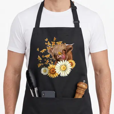Sunflower highland cow apron - Realistic brown highland cow head in a circle surrounded by orange butterflies and white — shown on a black cotton canvas apron against a white background