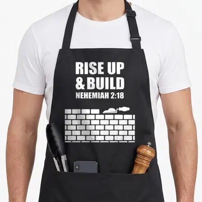 Proverb lettering quotes apron - White text RISE UP BUILD NEHEMIAH 2:18 above brick wall and trowel — shown on a black cotton canvas apron against a white background