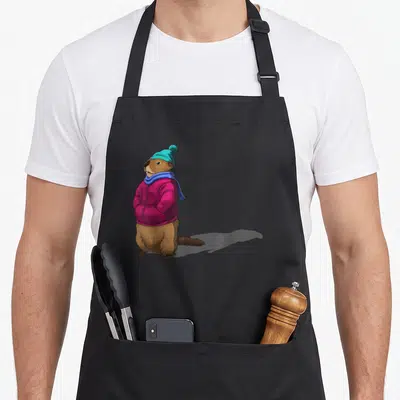 Shadow groundhog day apron - Cartoon brown beaver in teal beanie, pink jacket, and blue scarf casting a shadow — shown on a black cotton canvas apron against a white background