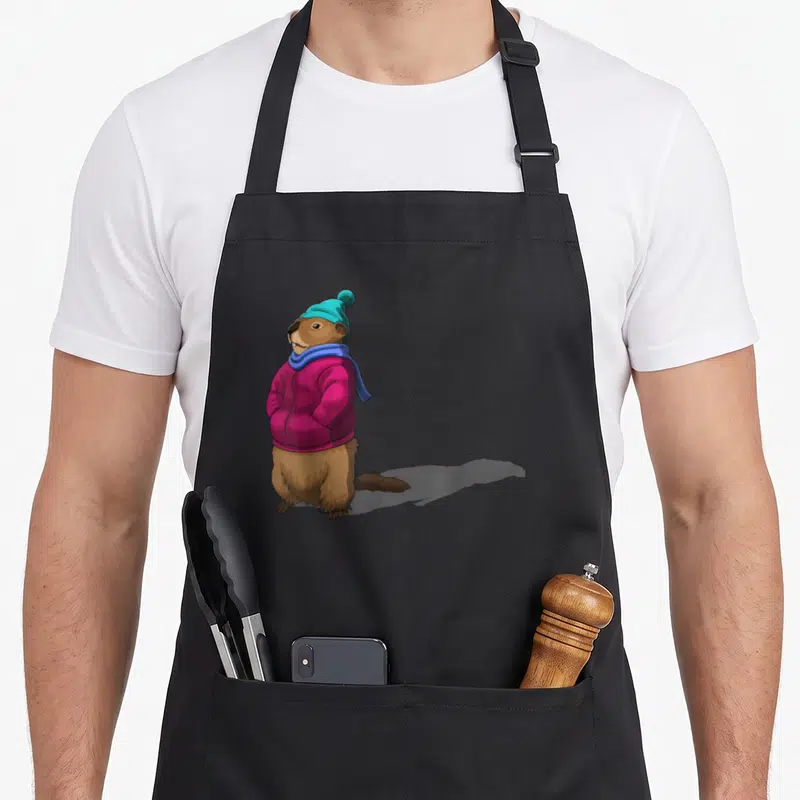 Shadow groundhog day apron - Cartoon brown beaver in teal beanie, pink jacket, and blue scarf casting a shadow — shown on a black cotton canvas apron against a white background