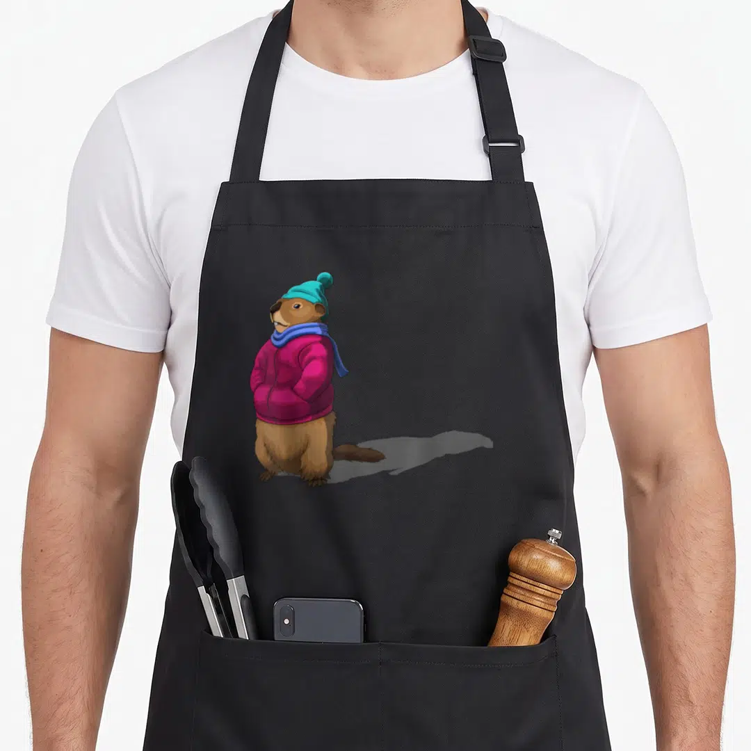 Shadow groundhog day apron - Cartoon brown beaver in teal beanie, pink jacket, and blue scarf casting a shadow — shown on a black cotton canvas apron against a white background