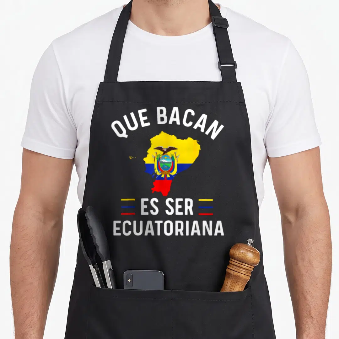 Camiseta ecuadorian apron - Map of Ecuador filled with yellow blue and red flag colors under arched white text — shown on a black cotton canvas apron against a white background