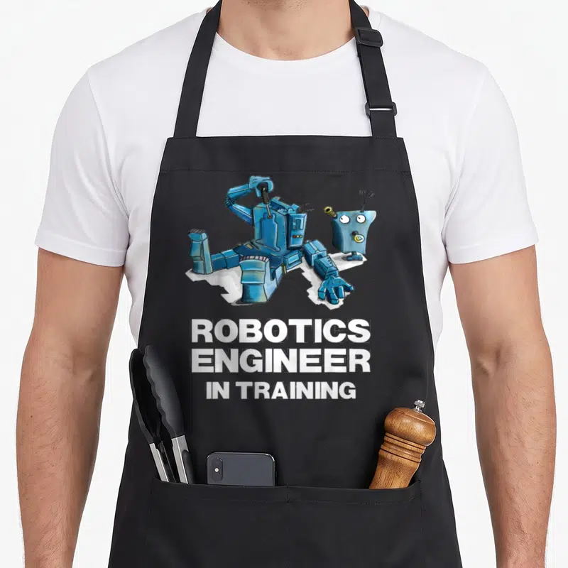 Robotic engineer apron - Two blue cartoon robots above stacked white text reading Robotics Engineer in Training — shown on a black cotton canvas apron against a white background