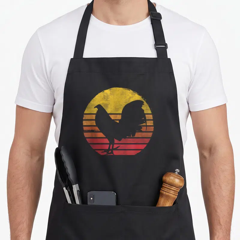 Fight rooster apron - Grey rooster silhouette against yellow orange and red striped circle — shown on a black cotton canvas apron against a white background