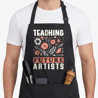 Future artist teacher apron - White and orange flowers surrounding a pencil with TEACHING FUTURE ARTISTS text — shown on a black cotton canvas apron against a white background