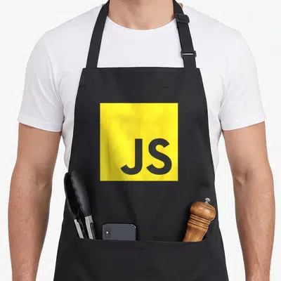 Developer geek apron - Yellow square with bold dark grey JS letters centered on fabric — shown on a black cotton canvas apron against a white background