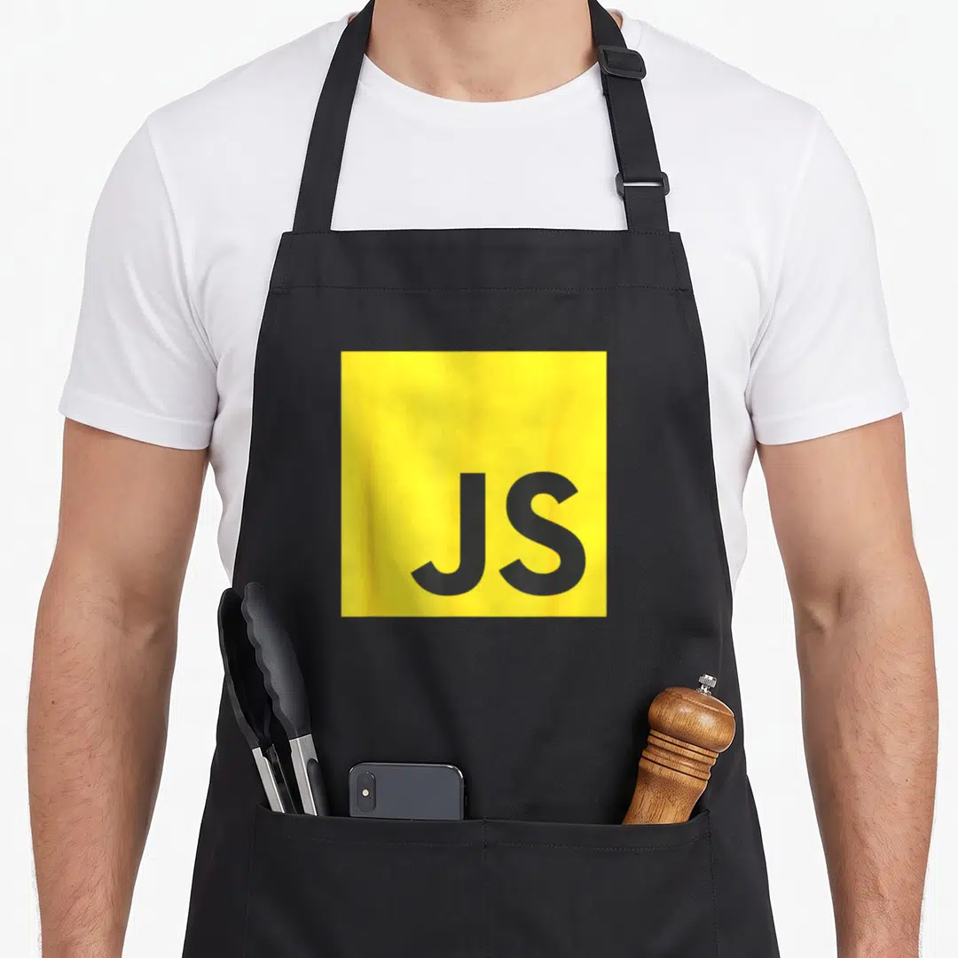 Developer geek apron - Yellow square with bold dark grey JS letters centered on fabric — shown on a black cotton canvas apron against a white background