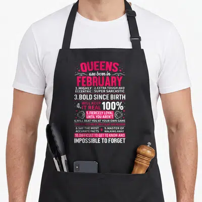 Cute february birthday apron - Pink and white typography listing ten queen traits with scattered hearts and swirls — shown on a black cotton canvas apron against a white background