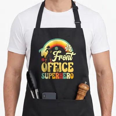 Office superhero apron - Retro superhero silhouette under rainbow arch with Front Office Superhero text and flowers — shown on a black cotton canvas apron against a white background