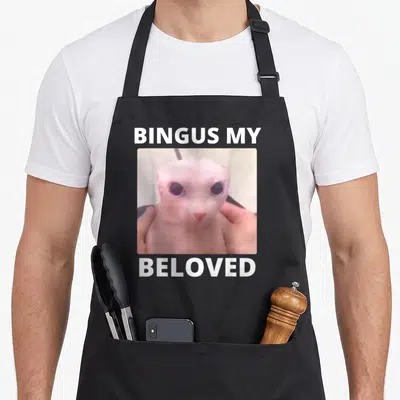 Bald cat apron - Square sphynx cat photo framed by white BINGUS MY BELOVED text on grey background — shown on a black cotton canvas apron against a white background