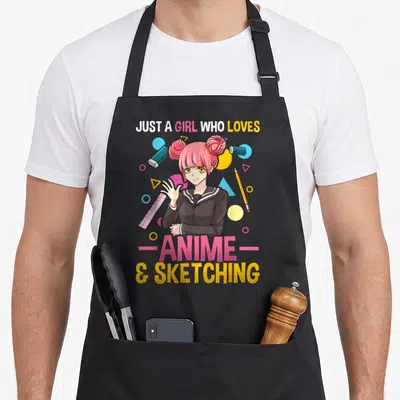 Retro hobby anime apron - Anime girl with pink hair holding a ruler surrounded by art supplies and text — shown on a black cotton canvas apron against a white background