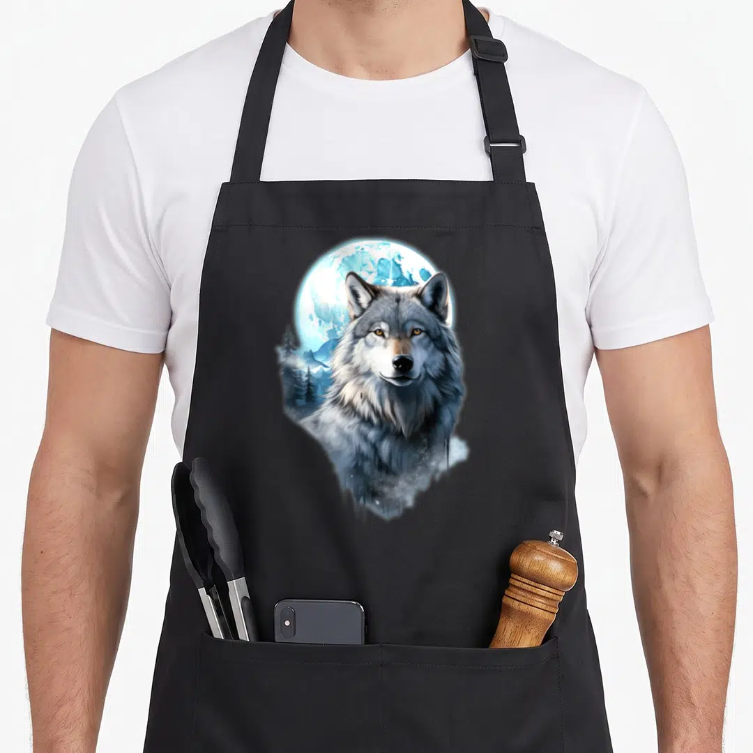 Moon wolf dad apron - Realistic wolf head facing forward with blue moon and pine trees in grey and white — shown on a black cotton canvas apron against a white background