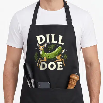Raunchy gag aprons - Cartoon deer with green pickle body and DILL DOE text surrounded by dill sprigs — shown on a black cotton canvas apron against a white background