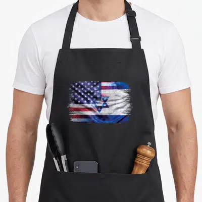 Israeli pride american flag apron - Merged US and Israel flags in red white blue distressed brush stroke rectangle — shown on a black cotton canvas apron against a white background