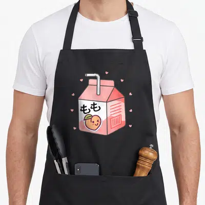 Otaku 90s apron - Pink drink carton with peach illustration and Japanese text surrounded by small hearts — shown on a black cotton canvas apron against a white background