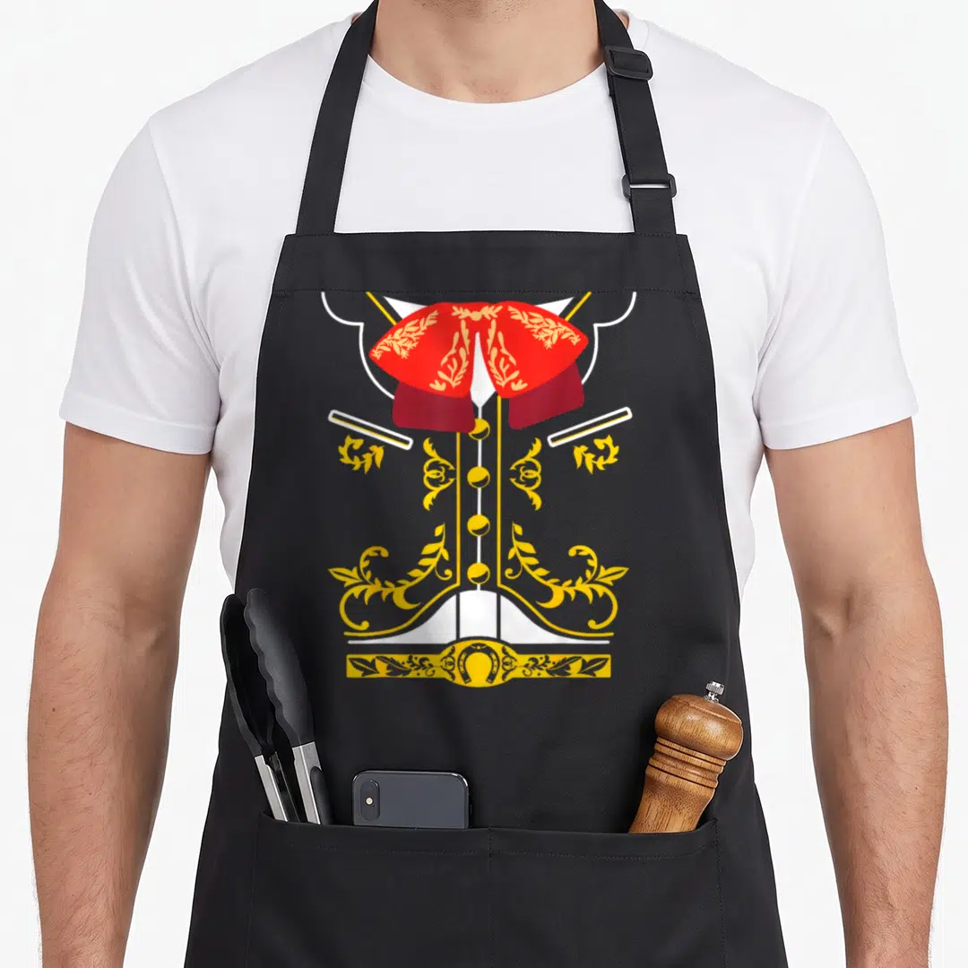 Mariachi charro mexican apron - Grey military jacket with red epaulettes, gold buttons, and floral patterns — shown on a black cotton canvas apron against a white background