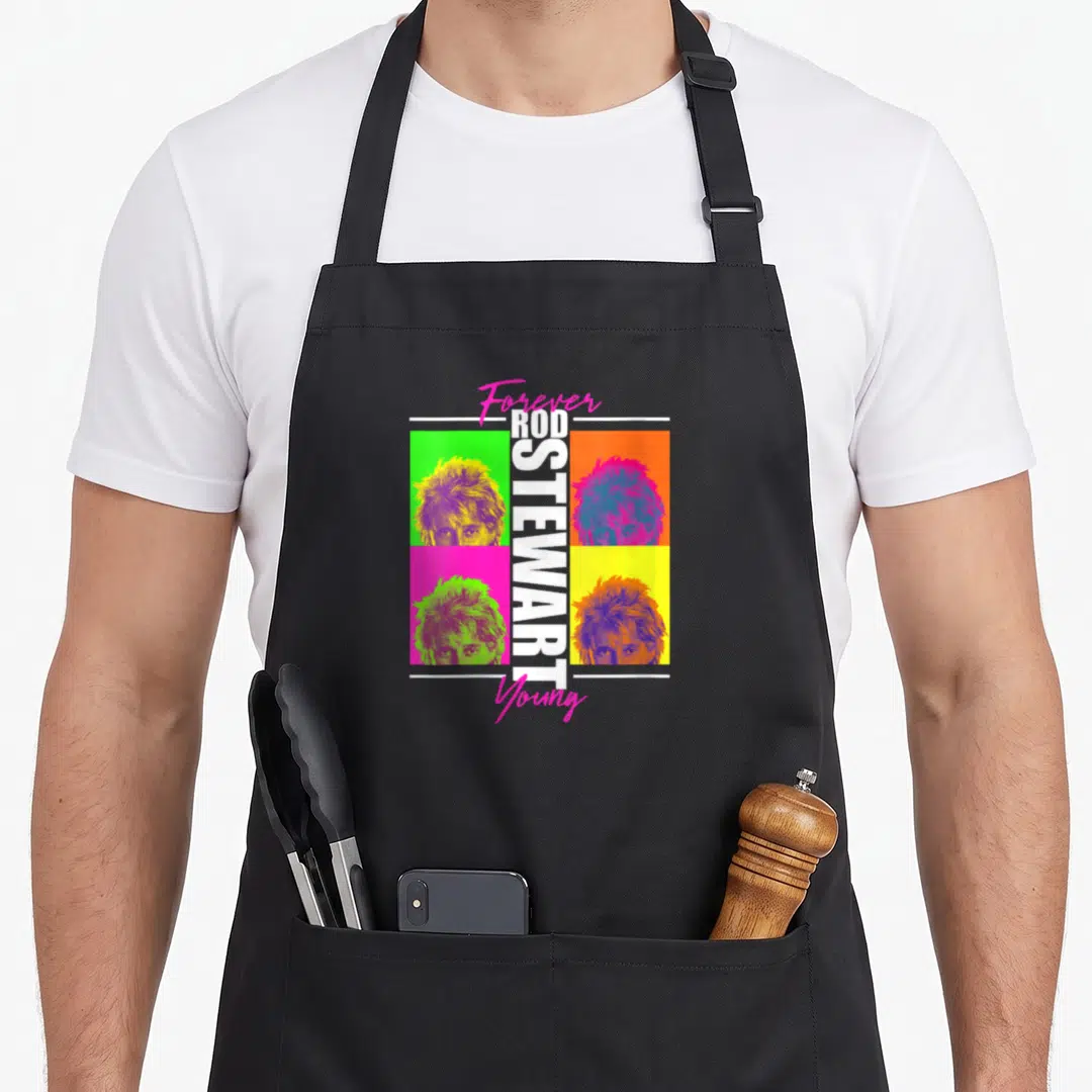 Rod forever young apron - Four colorful portrait squares with vertical Rod Stewart text and pink Forever Young script — shown on a black cotton canvas apron against a white background
