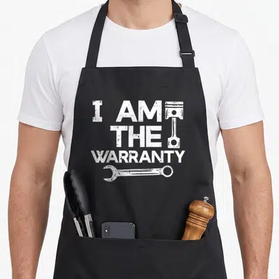 Warranty auto mechanic apron - White distressed text I AM THE WARRANTY with piston and wrench graphics — shown on a black cotton canvas apron against a white background