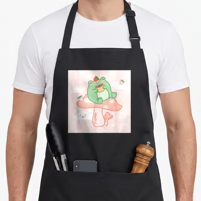 Sitting cottagecore apron - Green frog sitting on top of a large pink mushroom holding a cup with strawberries — shown on a black cotton canvas apron against a white background
