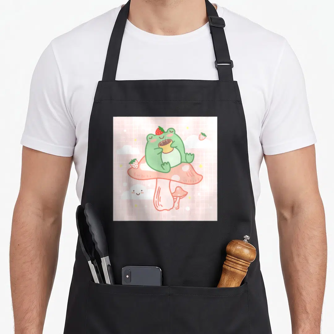 Sitting cottagecore apron - Green frog sitting on top of a large pink mushroom holding a cup with strawberries — shown on a black cotton canvas apron against a white background