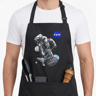 Jellyfish nasa apron - Astronaut using a net to catch a colorful jellyfish in space with NASA logo — shown on a black cotton canvas apron against a white background
