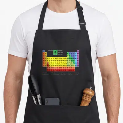 Complete table apron - Periodic table grid with colored boxes, element symbols, and category legend at bottom — shown on a black cotton canvas apron against a white background