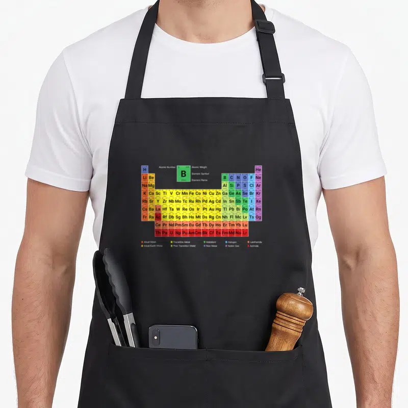 Complete table apron - Periodic table grid with colored boxes, element symbols, and category legend at bottom — shown on a black cotton canvas apron against a white background
