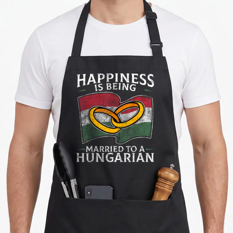 Married heritage aprons - Waving Hungarian flag with two interlocking gold rings and white text reading Happiness Is — shown on a black cotton canvas apron against a white background