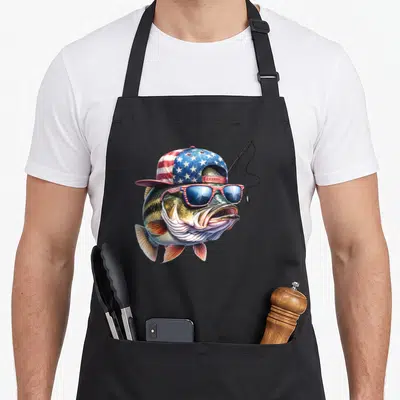 Flag fisherman apron - Realistic fish head wearing a star-spangled cap and sunglasses with a fishing rod graphic — shown on a black cotton canvas apron against a white background