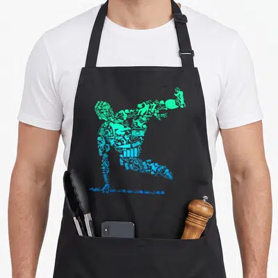Parkour obstacle racing apron - Dancer silhouette made of cyan and green hip-hop icons including sneakers and boomboxes — shown on a black cotton canvas apron against a white background