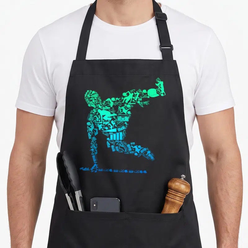 Parkour obstacle racing apron - Dancer silhouette made of cyan and green hip-hop icons including sneakers and boomboxes — shown on a black cotton canvas apron against a white background