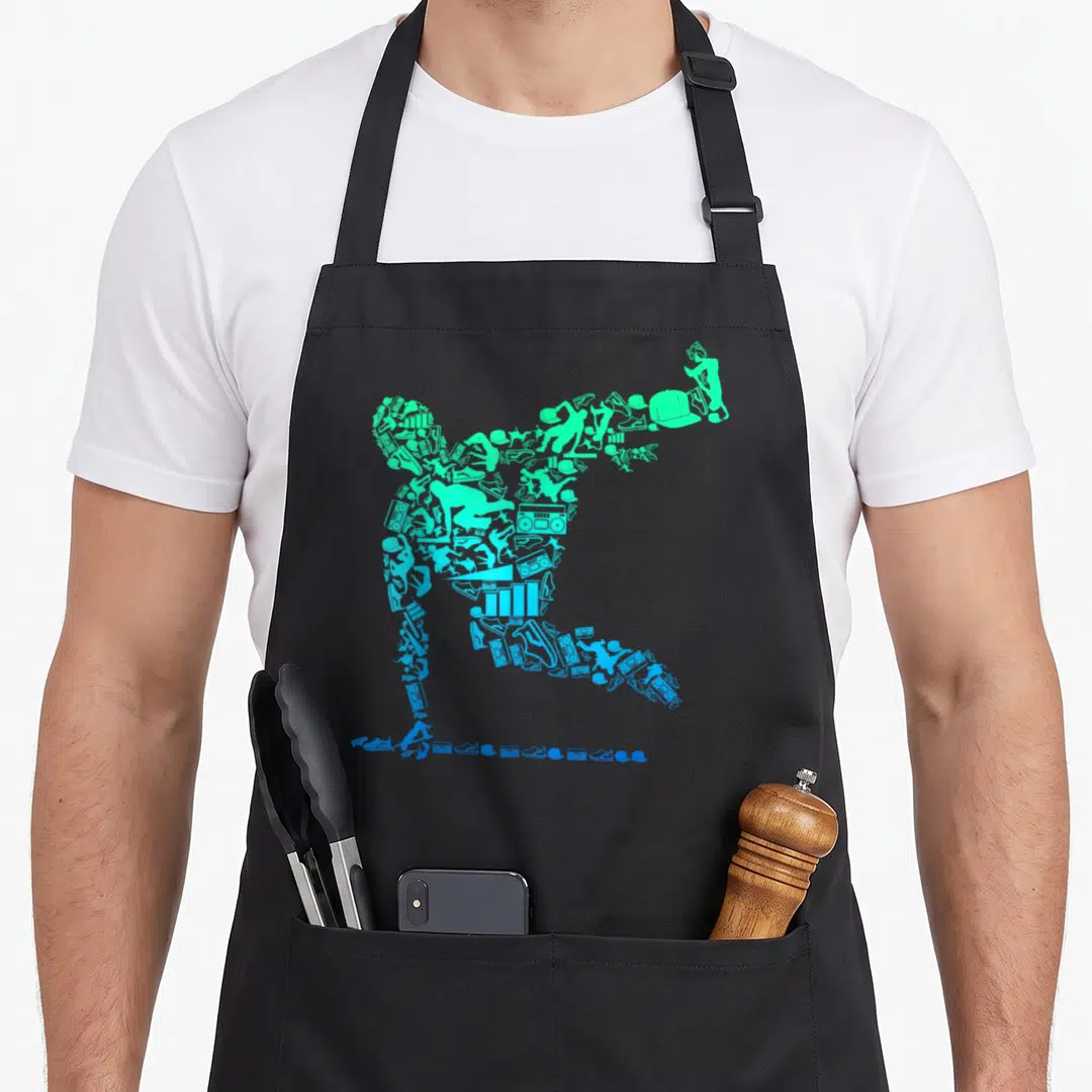 Parkour obstacle racing apron - Dancer silhouette made of cyan and green hip-hop icons including sneakers and boomboxes — shown on a black cotton canvas apron against a white background